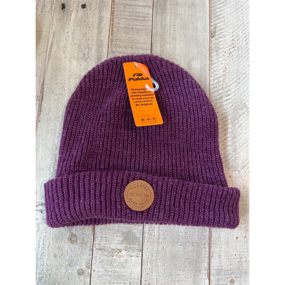 Pukka Sunrise Surf Shop Purple Ribbed Knit Beanie Leather Patch Hat NWT Gorpcore